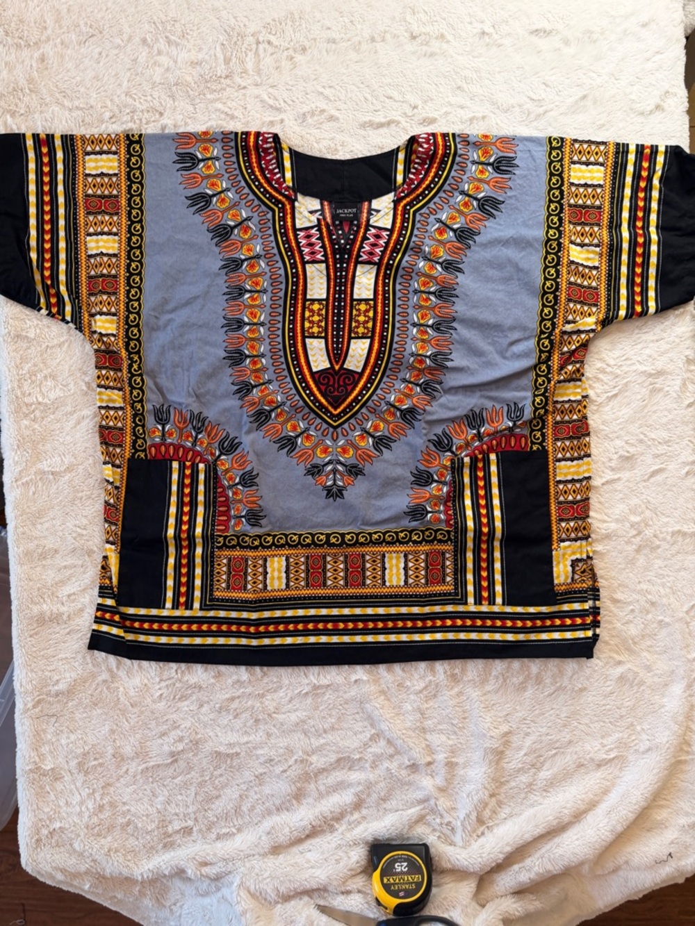 Jackpot Free Plus Dashiki Shirt 100% Cotton Blue Grey African Print Boho
